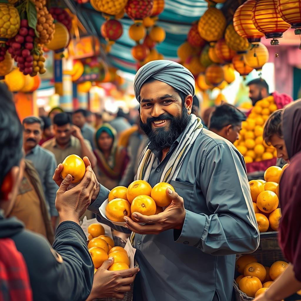 Rehmat Ali is depicted in a bustling market scene, surrounded by vibrant stalls and colorful fruits