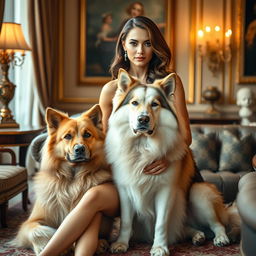 A stunning woman in an elegant setting, accompanied by a large, majestic dog