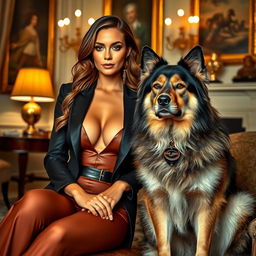 A stunning woman in an elegant setting, accompanied by a large, majestic dog