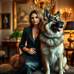 A stunning woman in an elegant setting, accompanied by a large, majestic dog