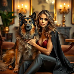 A stunning woman in an elegant setting, accompanied by a large, majestic dog