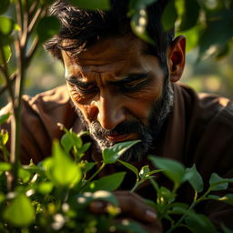 Rehmat Ali deeply engrossed in caring for a lush green plant, the natural surroundings enveloping him with ambient light and shadows