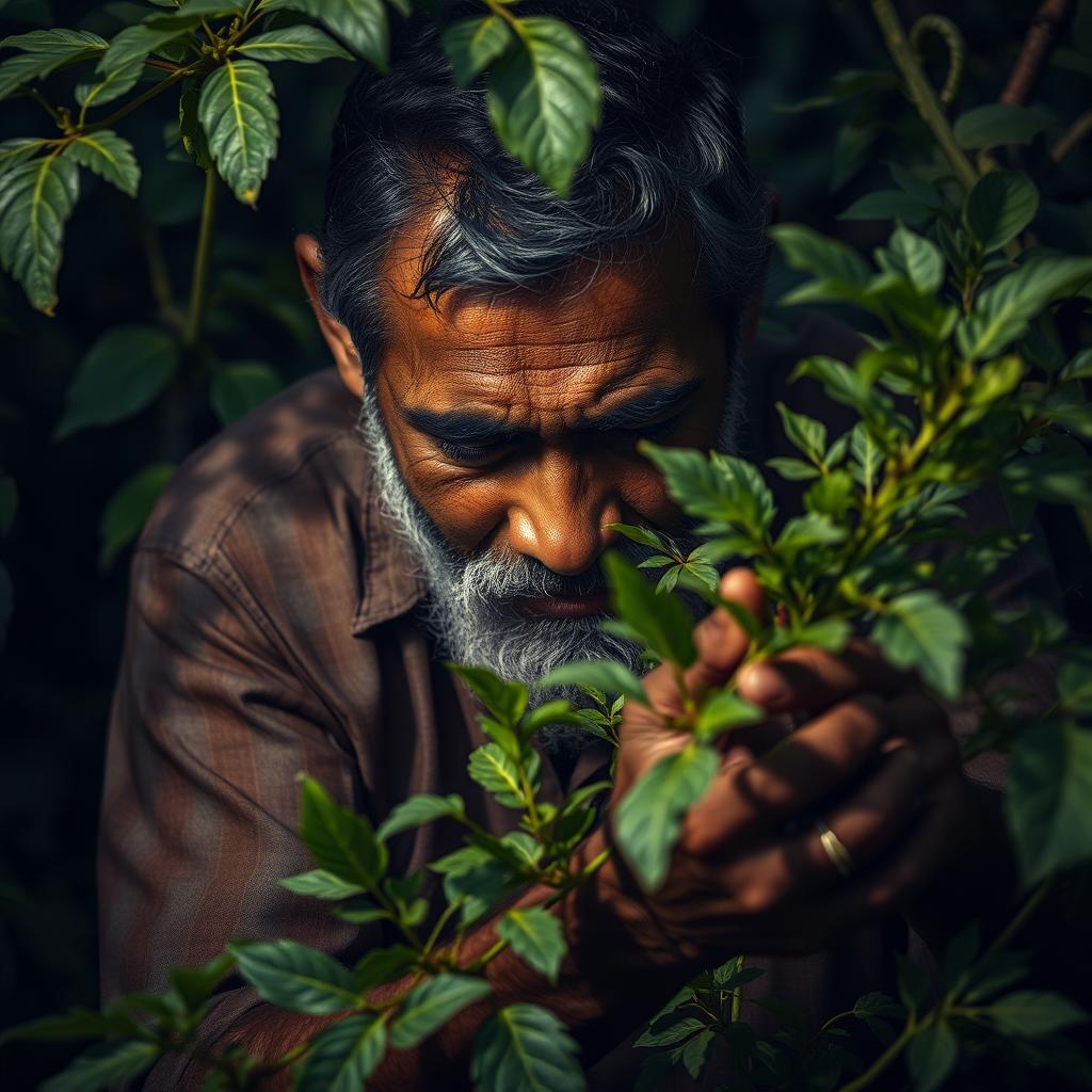 Rehmat Ali deeply engrossed in caring for a lush green plant, the natural surroundings enveloping him with ambient light and shadows