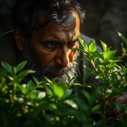 Rehmat Ali deeply engrossed in caring for a lush green plant, the natural surroundings enveloping him with ambient light and shadows