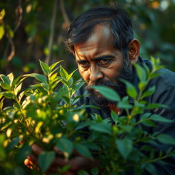 Rehmat Ali deeply engrossed in caring for a lush green plant, the natural surroundings enveloping him with ambient light and shadows