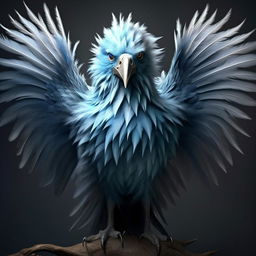 Generate a hyper-realistic portrait of a majestic bird with icy-blue feather hues, captivating sapphire eyes, standing tall with wings spread wide emanating a chilly aura