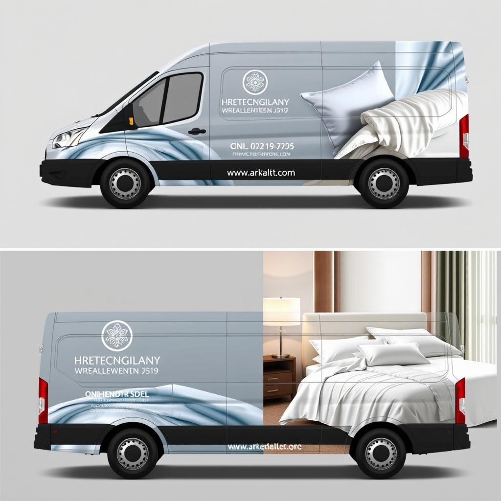 A vinyl design for a company van that specializes in selling bed linens for hotels and Airbnb