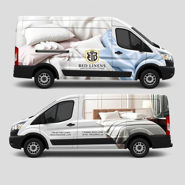 A vinyl design for a company van that specializes in selling bed linens for hotels and Airbnb