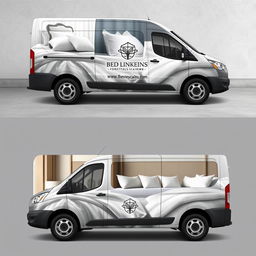 A vinyl design for a company van that specializes in selling bed linens for hotels and Airbnb