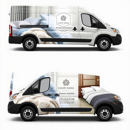 A vinyl design for a company van that specializes in selling bed linens for hotels and Airbnb