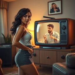 A hyper-realistic scene depicting a Latina woman wearing a short, fashionable outfit engaging in an animated conversation with a man on the other side of a vintage television screen