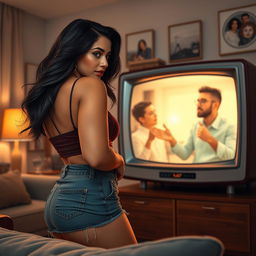 A hyper-realistic scene depicting a Latina woman wearing a short, fashionable outfit engaging in an animated conversation with a man on the other side of a vintage television screen