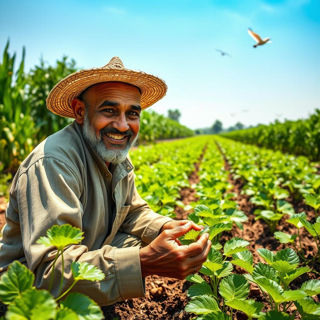 Rahmat Ali working in his lush green farm, tending to rows of healthy crops under a bright blue sky