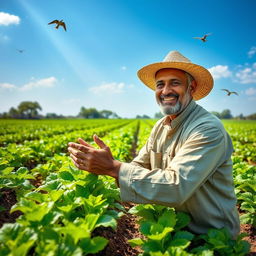 Rahmat Ali working in his lush green farm, tending to rows of healthy crops under a bright blue sky