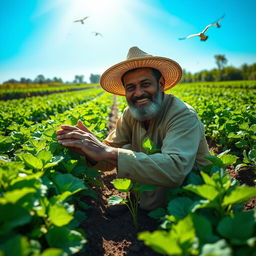 Rahmat Ali working in his lush green farm, tending to rows of healthy crops under a bright blue sky