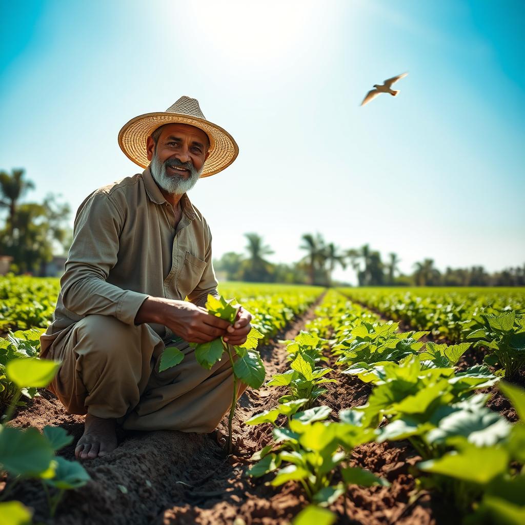 Rahmat Ali working in his lush green farm, tending to rows of healthy crops under a bright blue sky