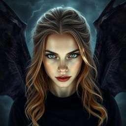 A young woman in her 20s with captivating green eyes and light brown hair, portrayed as a menacing warlock