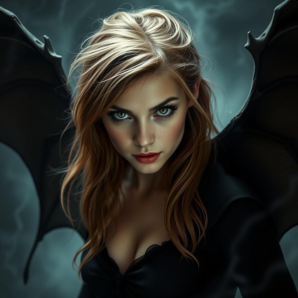 A young woman in her 20s with captivating green eyes and light brown hair, portrayed as a menacing warlock