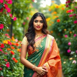 beautiful Indian woman in a traditional saree standing in an enchanting garden, surrounded by vibrant flowers and lush greenery, her hair cascading down in soft waves, traditional jewelry accentuating her features, a bindi on her forehead, her expression serene and graceful