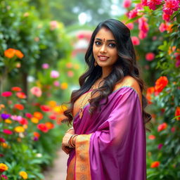 beautiful Indian woman in a traditional saree standing in an enchanting garden, surrounded by vibrant flowers and lush greenery, her hair cascading down in soft waves, traditional jewelry accentuating her features, a bindi on her forehead, her expression serene and graceful