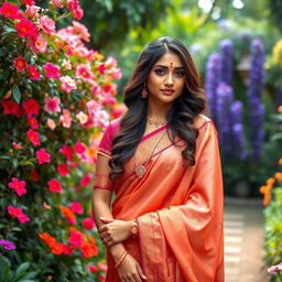 beautiful Indian woman in a traditional saree standing in an enchanting garden, surrounded by vibrant flowers and lush greenery, her hair cascading down in soft waves, traditional jewelry accentuating her features, a bindi on her forehead, her expression serene and graceful