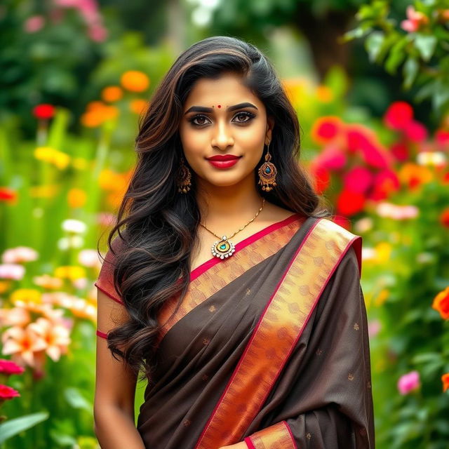 beautiful Indian woman in a traditional saree standing in an enchanting garden, surrounded by vibrant flowers and lush greenery, her hair cascading down in soft waves, traditional jewelry accentuating her features, a bindi on her forehead, her expression serene and graceful