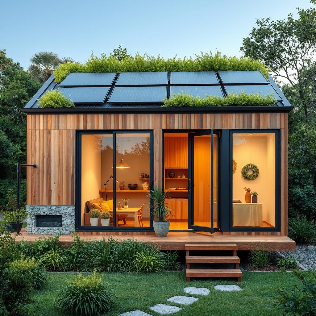 a cozy and compact small house design, featuring sustainable architecture elements like solar panels, green roofing, and large windows to maximize natural light