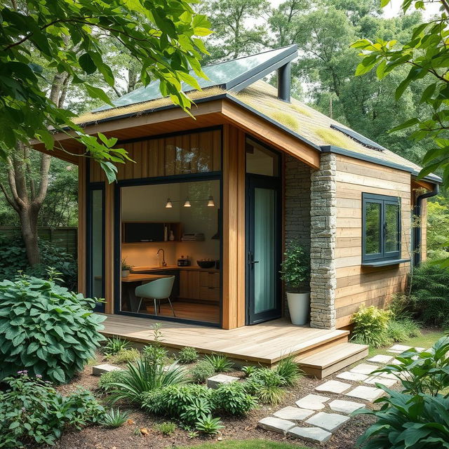 a cozy and compact small house design, featuring sustainable architecture elements like solar panels, green roofing, and large windows to maximize natural light