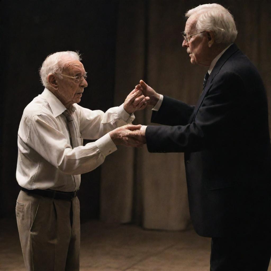 A gripping scene displaying a young man masterfully controlling an elderly man as if with invisible puppet strings, in a show of power and manipulation