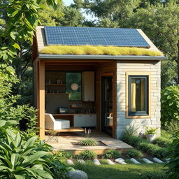 a cozy and compact small house design, featuring sustainable architecture elements like solar panels, green roofing, and large windows to maximize natural light