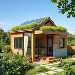 a cozy and compact small house design, featuring sustainable architecture elements like solar panels, green roofing, and large windows to maximize natural light