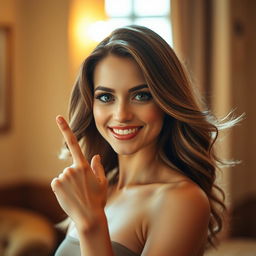 A captivating woman with an inviting smile, elegantly beckoning with her finger