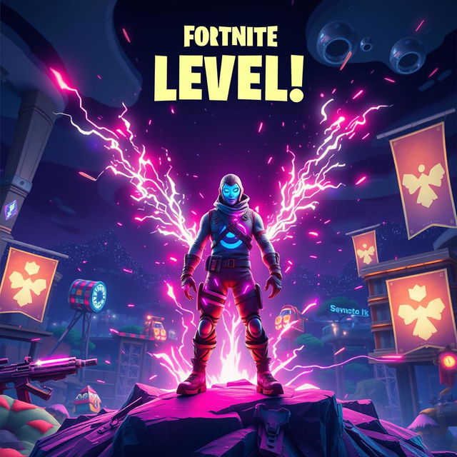 A captivating image of a Fortnite character leveling up, surrounded by an electric display of vibrant lights and energy particles