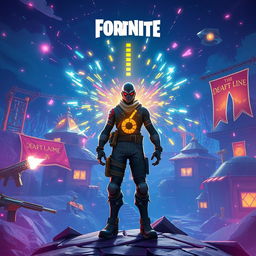 A captivating image of a Fortnite character leveling up, surrounded by an electric display of vibrant lights and energy particles