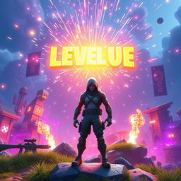 A captivating image of a Fortnite character leveling up, surrounded by an electric display of vibrant lights and energy particles