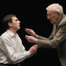 A gripping scene displaying a young man masterfully controlling an elderly man as if with invisible puppet strings, in a show of power and manipulation