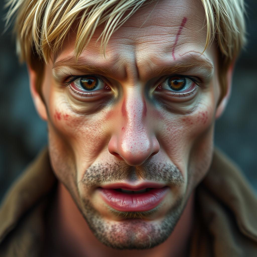 A blonde man with a sharp jawline and brown eyes, his face bearing slight scars