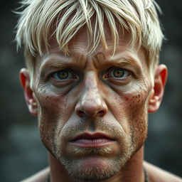 A blonde man with a sharp jawline and brown eyes, his face bearing slight scars