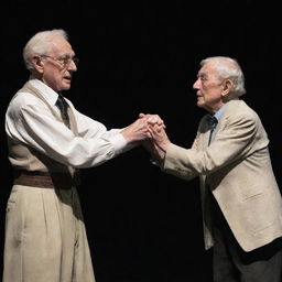 A gripping scene displaying a young man masterfully controlling an elderly man as if with invisible puppet strings, in a show of power and manipulation