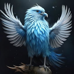 Generate a hyper-realistic portrait of a majestic bird with icy-blue feather hues, captivating sapphire eyes, standing tall with wings spread wide emanating a chilly aura