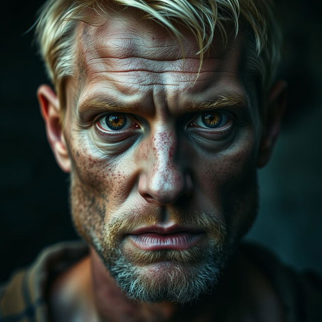 A blonde man with a sharp jawline and brown eyes, his face bearing slight scars