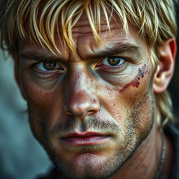 A blonde man with a sharp jawline and brown eyes, his face bearing slight scars