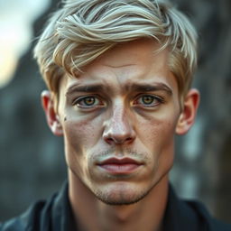 A young, handsome blonde man with a sharp jawline and brown eyes