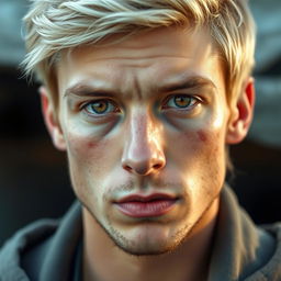 A young, handsome blonde man with a sharp jawline and brown eyes