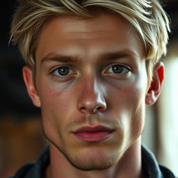 A young, handsome blonde man with a sharp jawline and brown eyes