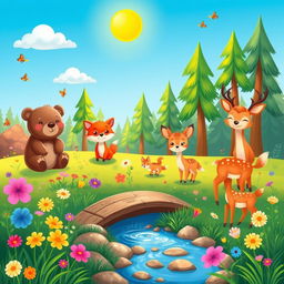 Cute animals in a vibrant natural setting, featuring a playful bear, a curious fox, and a family of deer in a peaceful meadow surrounded by colorful flowers and tall trees