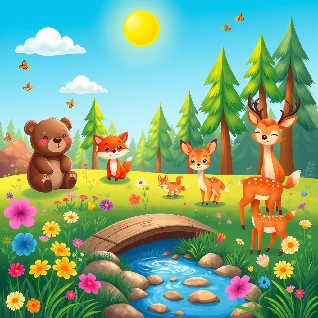 Cute animals in a vibrant natural setting, featuring a playful bear, a curious fox, and a family of deer in a peaceful meadow surrounded by colorful flowers and tall trees