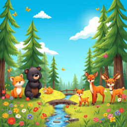 Cute animals in a vibrant natural setting, featuring a playful bear, a curious fox, and a family of deer in a peaceful meadow surrounded by colorful flowers and tall trees