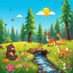 Cute animals in a vibrant natural setting, featuring a playful bear, a curious fox, and a family of deer in a peaceful meadow surrounded by colorful flowers and tall trees