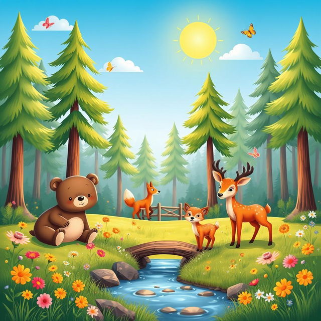 Cute animals in a vibrant natural setting, featuring a playful bear, a curious fox, and a family of deer in a peaceful meadow surrounded by colorful flowers and tall trees